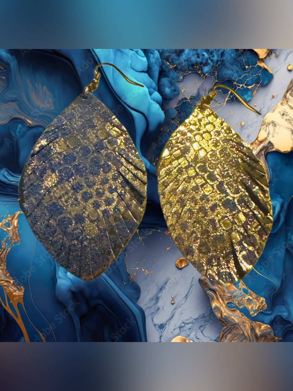 Stunning Vibrant Blue Leather Earrings with Subtle Gold Snakeskin Metallic Sheen